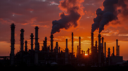 Sunset Over Industrial Skyline with Smoke Stacks Emitting Clouds Against a Colorful Sky at Dusk