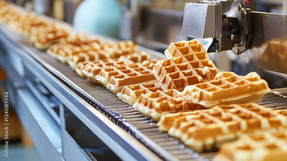 Wall mural A conveyor system in a contemporary food factory making Belgian waffles is an example of large-scale bakery production.