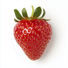 A single bright red strawberry with its green leaves on a white background