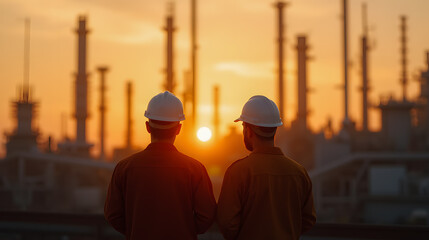 Two industrial workers observing sunset at oil refinery with silhouettes of tall structures and orange sky in the background
