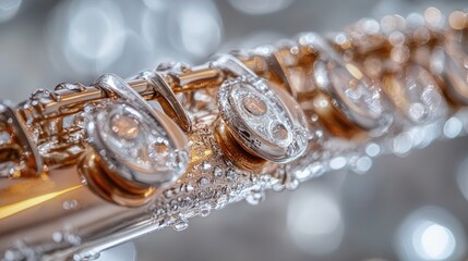 Artistic close-up photo of a sparkling gold flute, capturing the intricate details