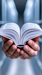 Open book held with hands, symbolizing knowledge and learning in a modern library.