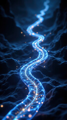 Illustration of a blue neural pathway with lighted synapses.