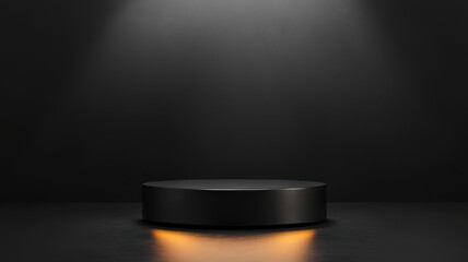 Elegant podium with metallic surfaces on a sleek black stage, subtle reflections and soft lighting for a premium product mockup