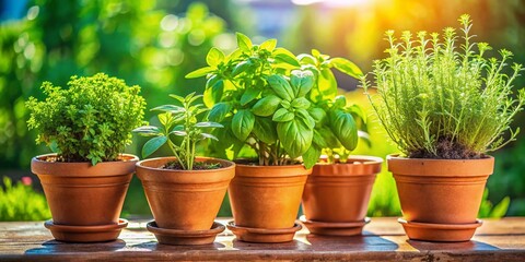 Fototapeta premium Panoramic View of Homegrown Basil, Rosemary, and Thyme Herbs in Pots