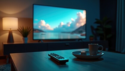 A cozy living room scene with a TV displaying a serene landscape, a remote control, and a cup on a saucer on a wooden table. The warm lighting and modern decor create a relaxing atmosphere