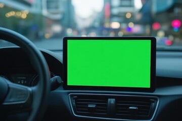 Navigator with green screen in the car dashboard. GPS module. Driver using smart phone with green background. Man steering wheel, driving on highway with smartphone navigation. Digital display monitor