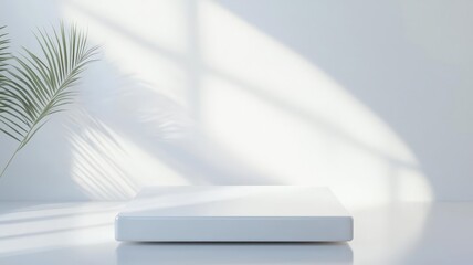 Elegant white podium with a glossy finish, set on a sleek, reflective stage, subtle lighting for a high-end product display