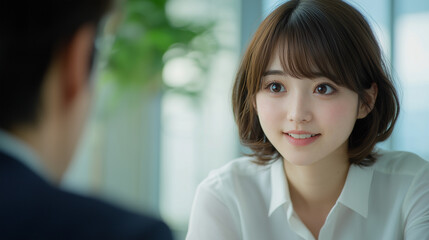 Fototapeta premium オフィスで会話をしているショートヘアの若い女性社員,日本人,談笑,会話中,親しみやすい雰囲気のオフィスミーティング, A young Japanese female employee with short hair, Generative AI