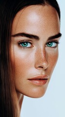 Fototapeta premium Close-up portrait of a young woman with striking green eyes and smooth skin, showcasing natural beauty and engaging features