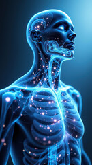VNS medical illustration showing a 3D model of the human body with highlighted organs and the vagus nerve, illuminated against a starry background.
