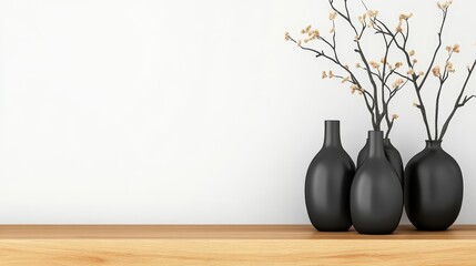 Elegant arrangement of black vases with dried branches on a wooden shelf against a white wall