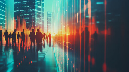 Group of business people silhouettes in modern office building and business network concept. Human resources with pastel innovation charts and graphs with statistics to analyze business