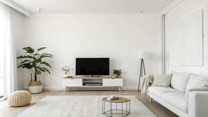 Minimalist living room with a white wall as background, elegance, neutral colors, serene ambiance, soft lighting, minimalist decor