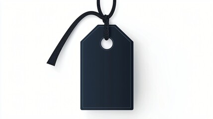 Blank black tag hanging, white background, mockup