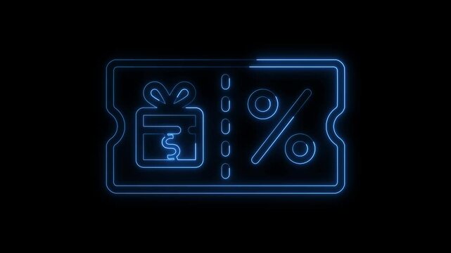 Glowing neon line voucher icon with percentage and dollar sign blue color animation, voucher icon concept