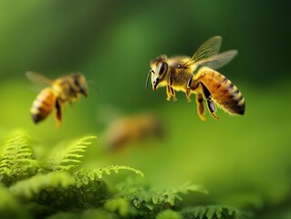 Detailed closeup of a beehive ecosystem, bees, and pollination processes