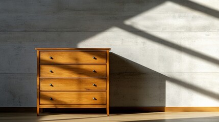 A modern wooden dresser with three drawers casting shadows on a minimalist concrete wall
