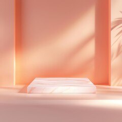 Floating podium with smooth, glossy surfaces, placed on a sleek stage with elegant lighting, minimal design for premium product presentation