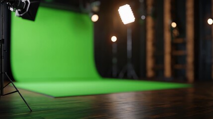 Studio with green backdrop and lighting setup, ready for photography or video production