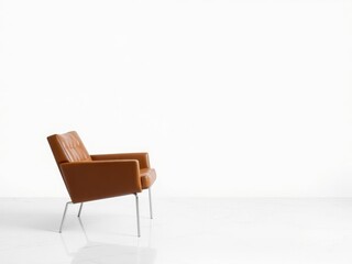 Modern brown leather chair placed in front of a white marble floor, low profile, simple design, brown leather chair