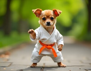 Cute Chihuahua Puppy in Karate Gi Outdoor Photo