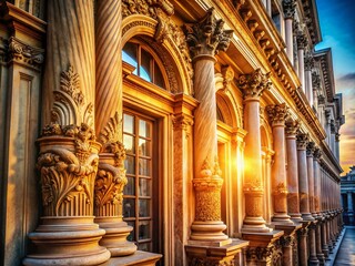 Fototapeta premium Renaissance Architecture: Close-up of Classical Columns & Windows - Stock Photo