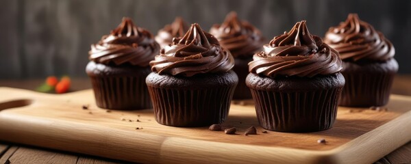 Moist chocolate cupcakes stacked on a wooden cutting board, dessert table, bakery decor