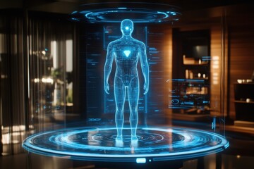 A futuristic holographic figure stands in a modern room, showcasing advanced technology and a sleek design.