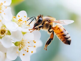 Bee pollinating flowers in an urban garden, ecological importance of pollinators