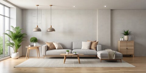 Minimalist Modern Living Room with Empty Wall Space, neutral tone, simplicity