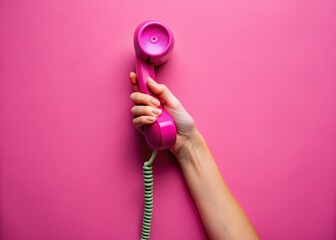 Retro Phone Handset Closeup, Minimalist Pink Background Vintage Style Stock Photo