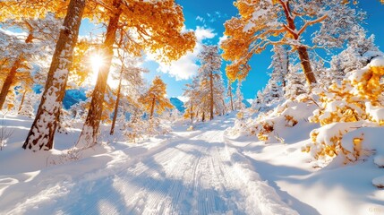 Snowy path through sunlit winter forest