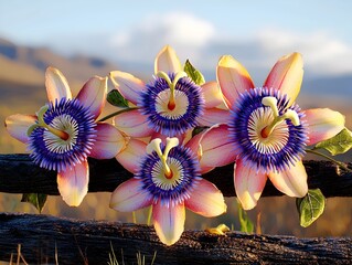 A vibrant display of four passion flowers with delicate pink petals and striking purple centers, set against a rustic wooden fence, creating a serene and colorful botanical scene.