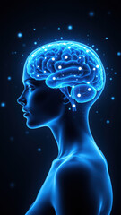 Fototapeta premium Vagus Nerve Stimulation - a glowing human head with highlighted brain activity, symbolizing mental clarity and focus.
