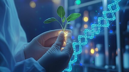 Researcher Holding Plant Seedling with DNA Helix in Laboratory Setting