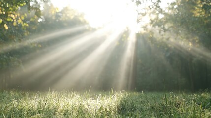 Obraz premium Sun rays through forest, morning mist, grass. Nature background