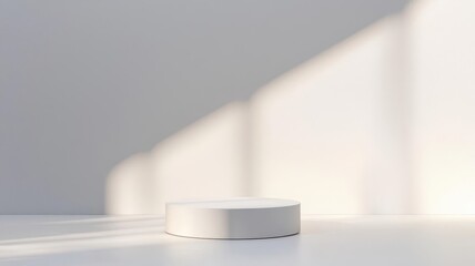 Minimal white podium with soft reflections, placed on a sleek stage with elegant spotlights, modern presentation mockup