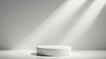 Minimal white podium with soft reflections, placed on a sleek stage with elegant spotlights, modern presentation mockup