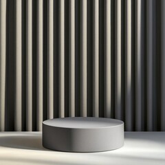 Minimalist cylindrical podium with a matte finish, set on a sleek stage with soft shadows and elegant lighting, perfect for luxury product showcase