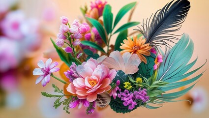 Soft floral arrangement of delicate flowers and feathers against a warm blurred background