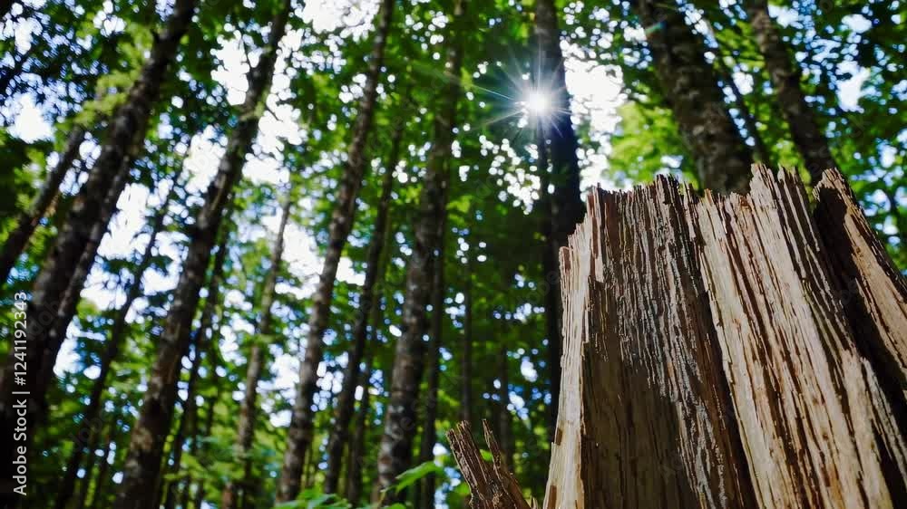 Aufkleber Exploring a lush forest with towering trees and a weathered stump surrounded by greenery in the heart of nature