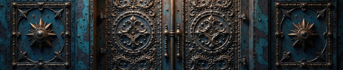 Ominous metallic door with intricate carvings, , heavy