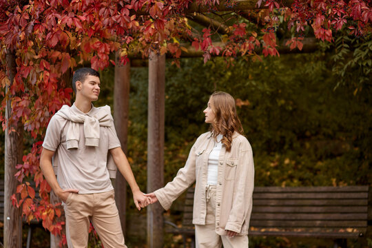 Young couple in love walking in the autumn park holding hands looking in the sunset. Loving couple holding hands while walking at sunset. The hands of the male and female lovers who hold hands walk