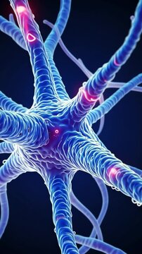 A slow-motion animation showing dream-induced neural activity, featuring waves of soft electrical pulses traveling through a tranquil neuron landscape, Perfect for psychology and sleep science topics