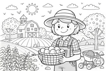 farm theme, A cheerful child holding a basket of eggs on a farm. outline for coloring.