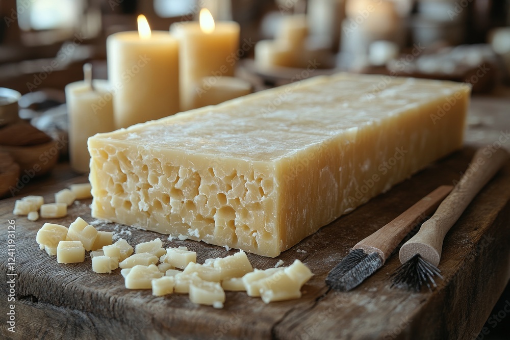 Wall mural block of beeswax with carving tools and candle wicks beside it on a rustic surface