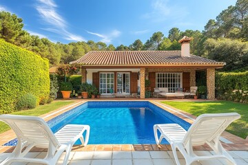 Fototapeta premium White Plastic Sun Loungers by Poolside with Red Roof House and Green Hedges in Spain on a Sunny Day