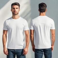 A young man poses in a plain white t-shirt, showcasing a casual style from both the front and back views against a minimalist background.
