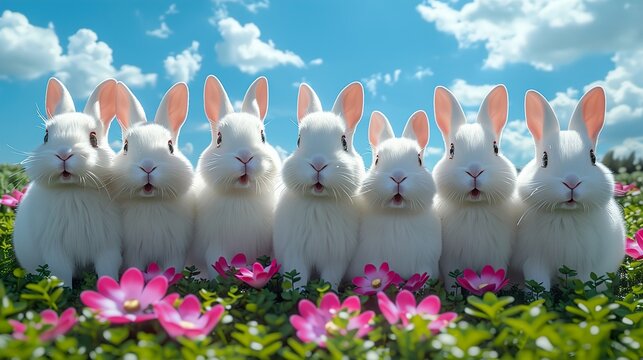 plein de lapins de p&Atilde;&cent;ques sur de l'herbe verte, &Aring;&ldquo;ufs de p&Atilde;&cent;ques, ciel bleu - illustration  HD 8K wallpaper Photographic Image